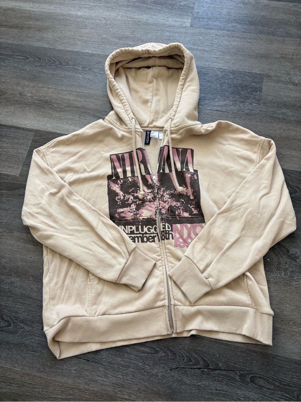 H&M Nirvana Unplugged Graphic Zip-Up Hoodie - Beige/Pink